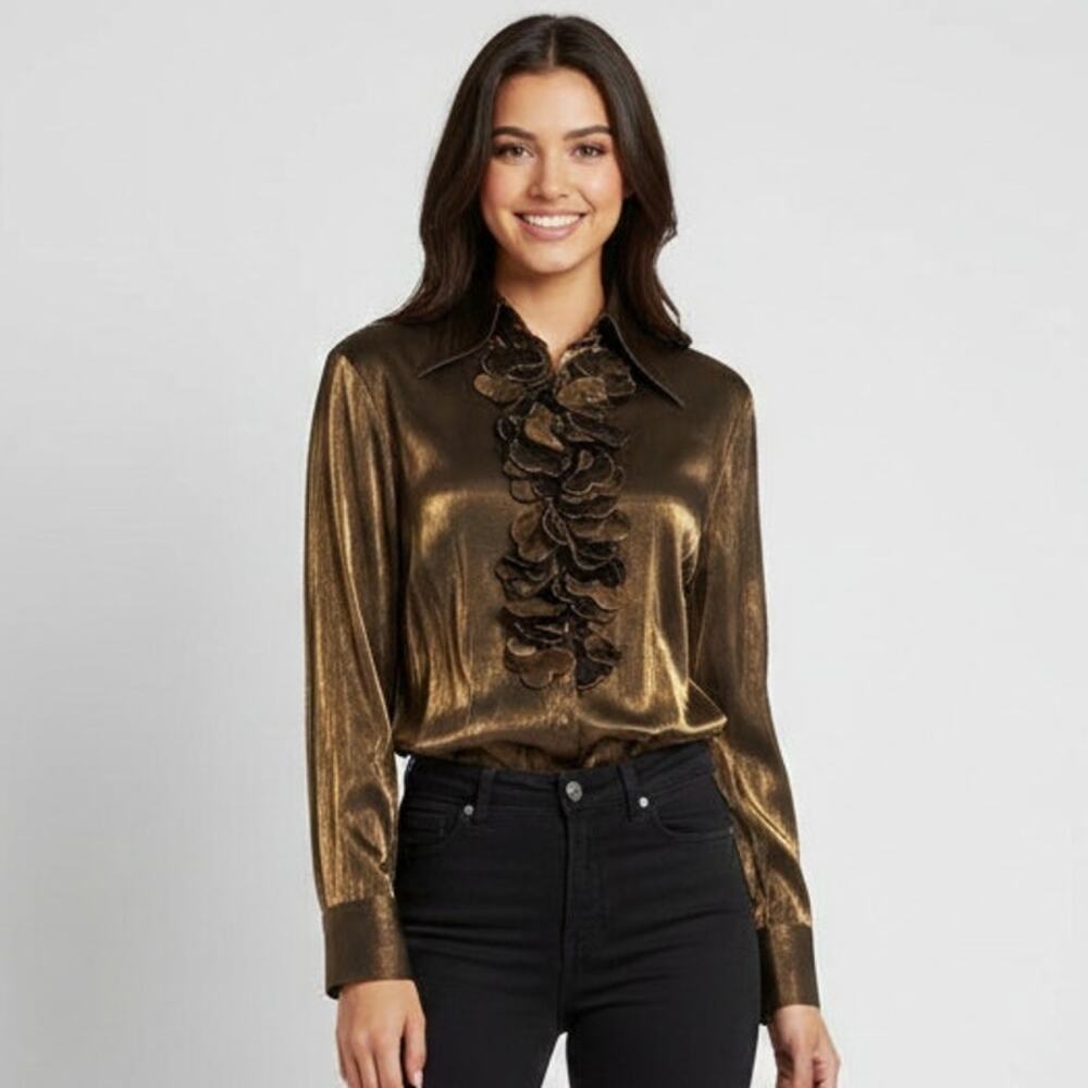 NWT Caviar Metallic Floral Ruffle Blouse Womens Size Large Shiny Gold Whimsigoth